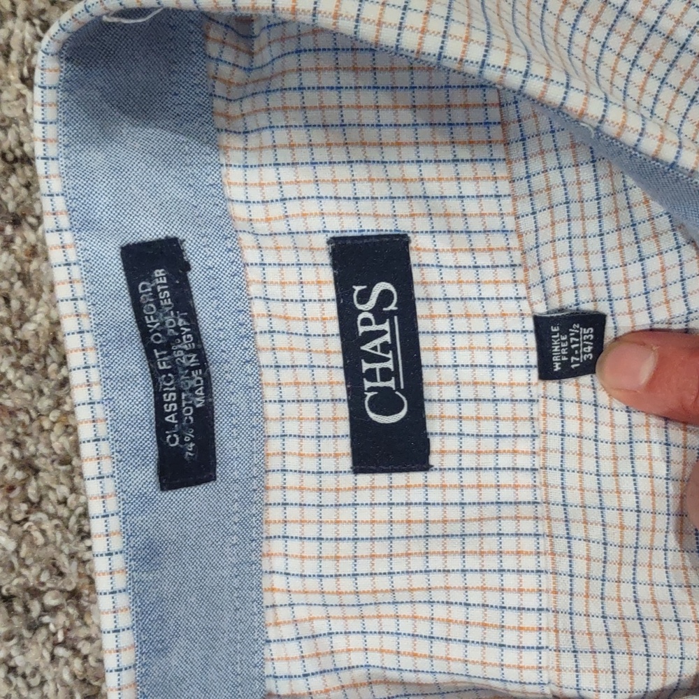 Chaps Classic Fit Oxford, 17-17 1/5, 34-35, White With Blue And Orange Pattern.